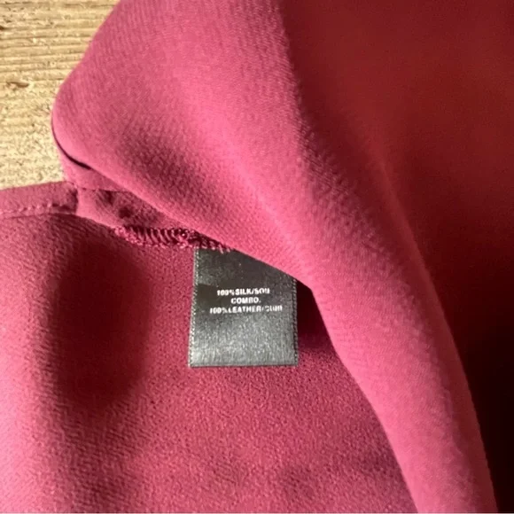 Lafayette 148 Silk & Leather Trim Blouse Burgundy Red Size 14 Large - Picture 6 of 6